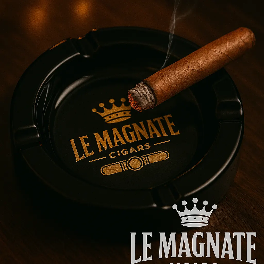 Ceramic ashtray with gold-foil logo and glowing cigar