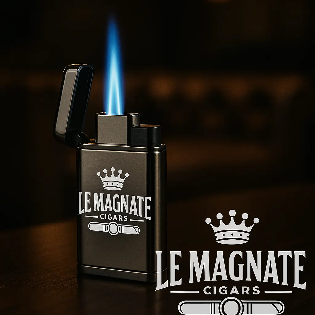 Torch lighter with blue flame in dim lounge