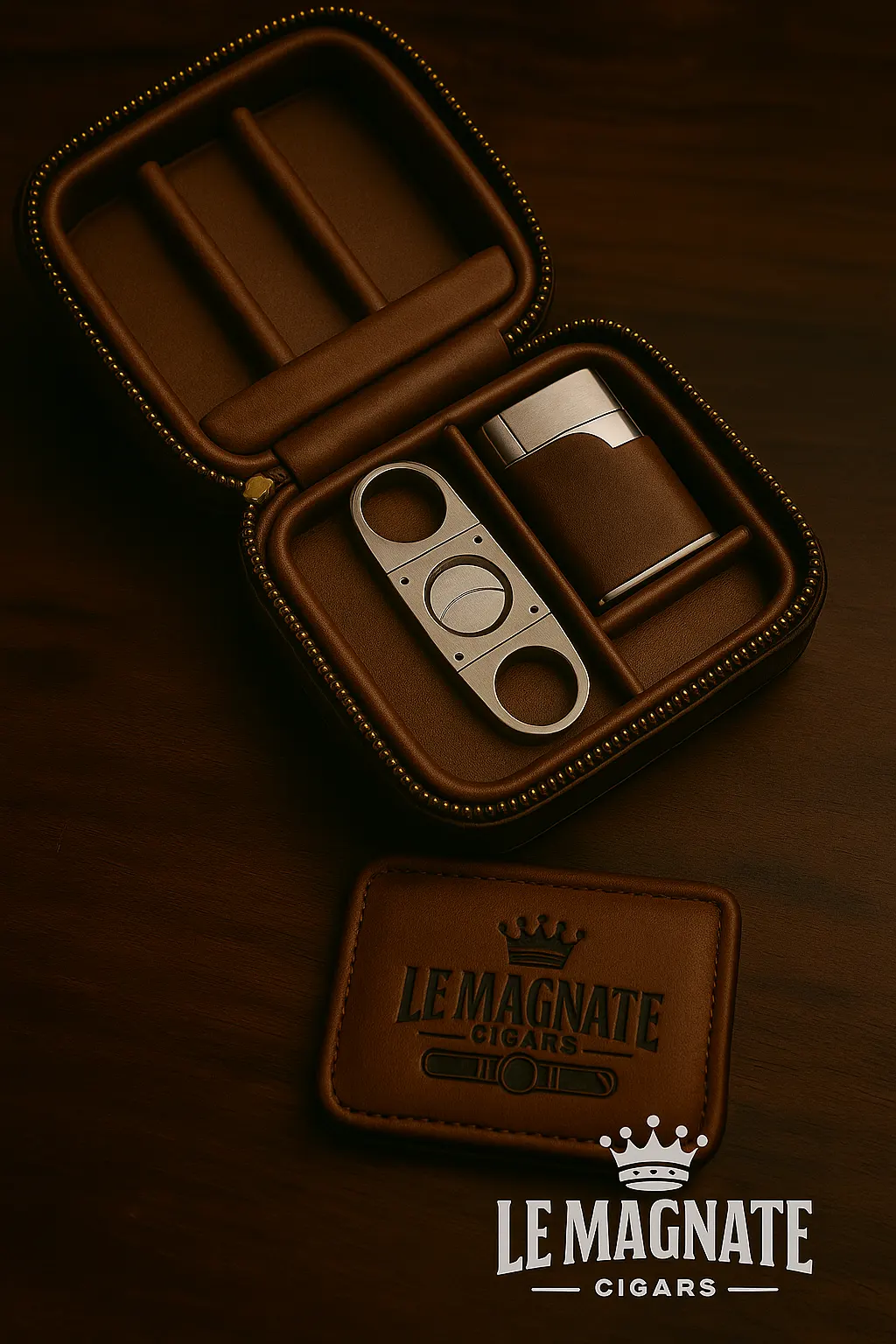 Open leather cigar case with accessories on rustic wood